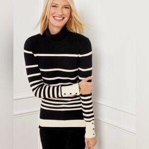 Talbots Black and White Striped Ribbed Turtleneck Sweater Women sz Small Petite